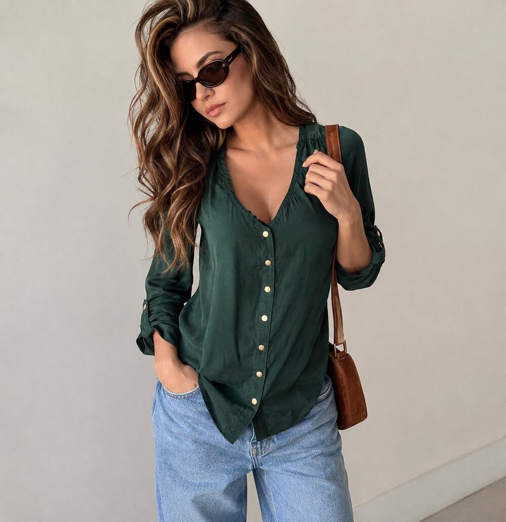 Bebe Green 100% Silk Snap Blouse XS Career Office Quiet Luxury Y2K Minimalist